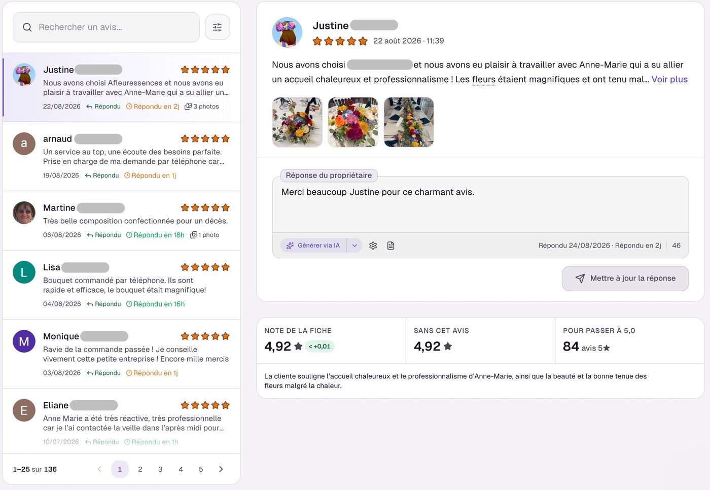 Avis collectés et répondus, à votre image : interface Localisia